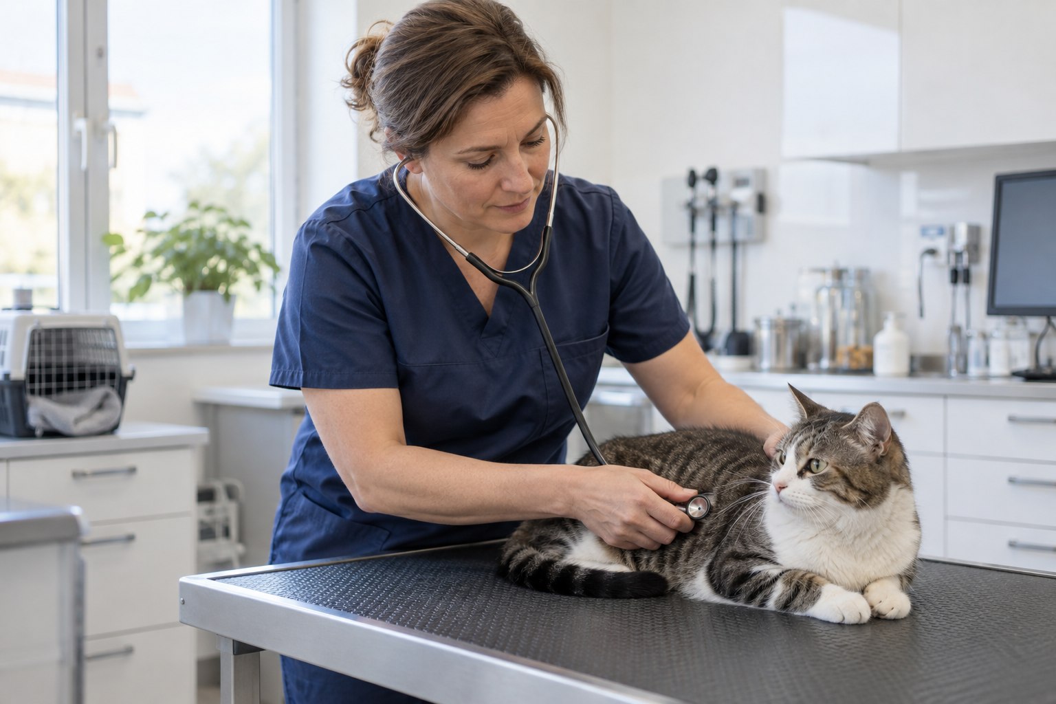 Tierärztin untersucht eine Katze mit dem Stethoskop