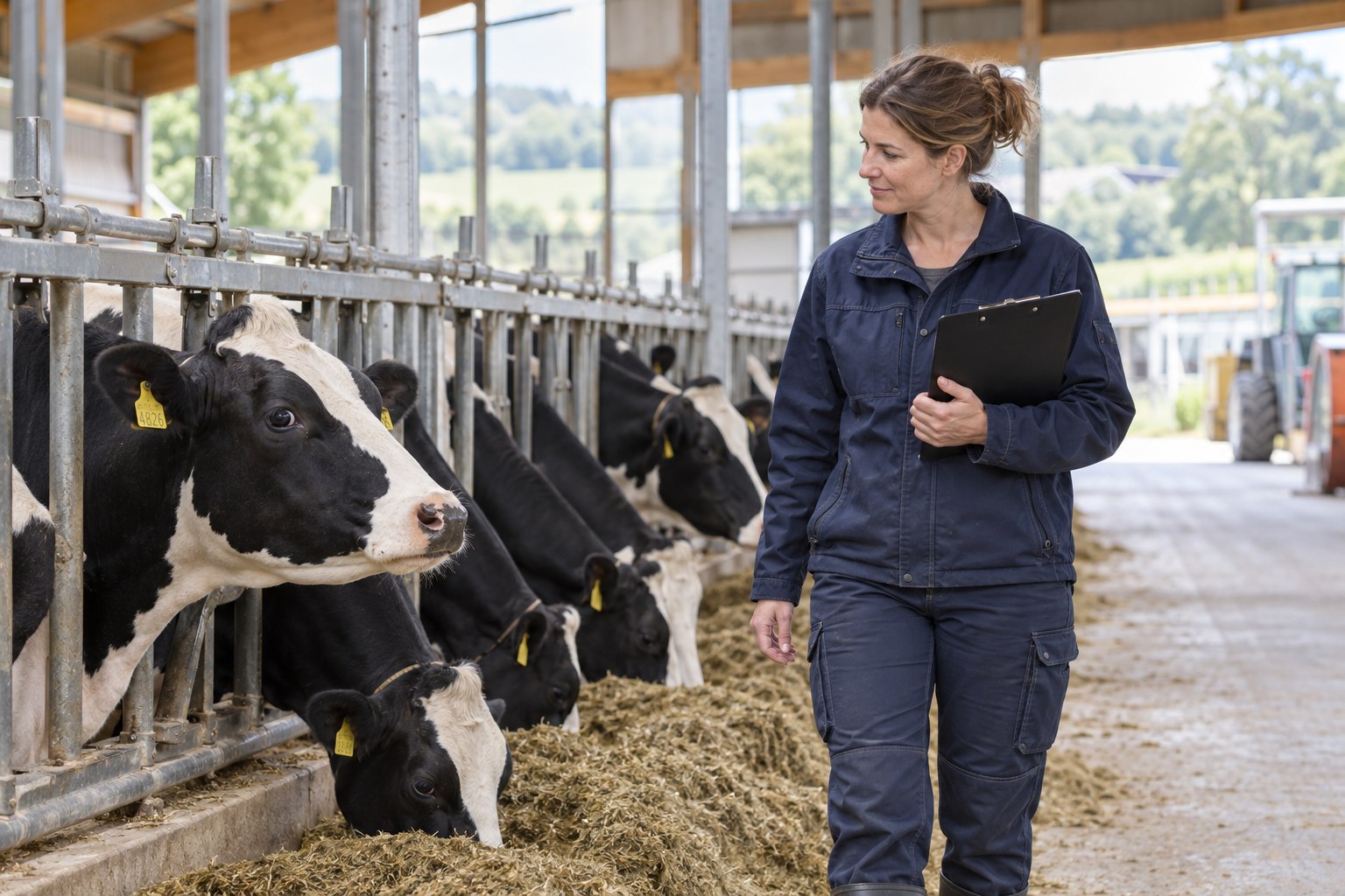 Tierwirtin kontrolliert Milchkühe vom Futtergang eines hellen Stalls aus