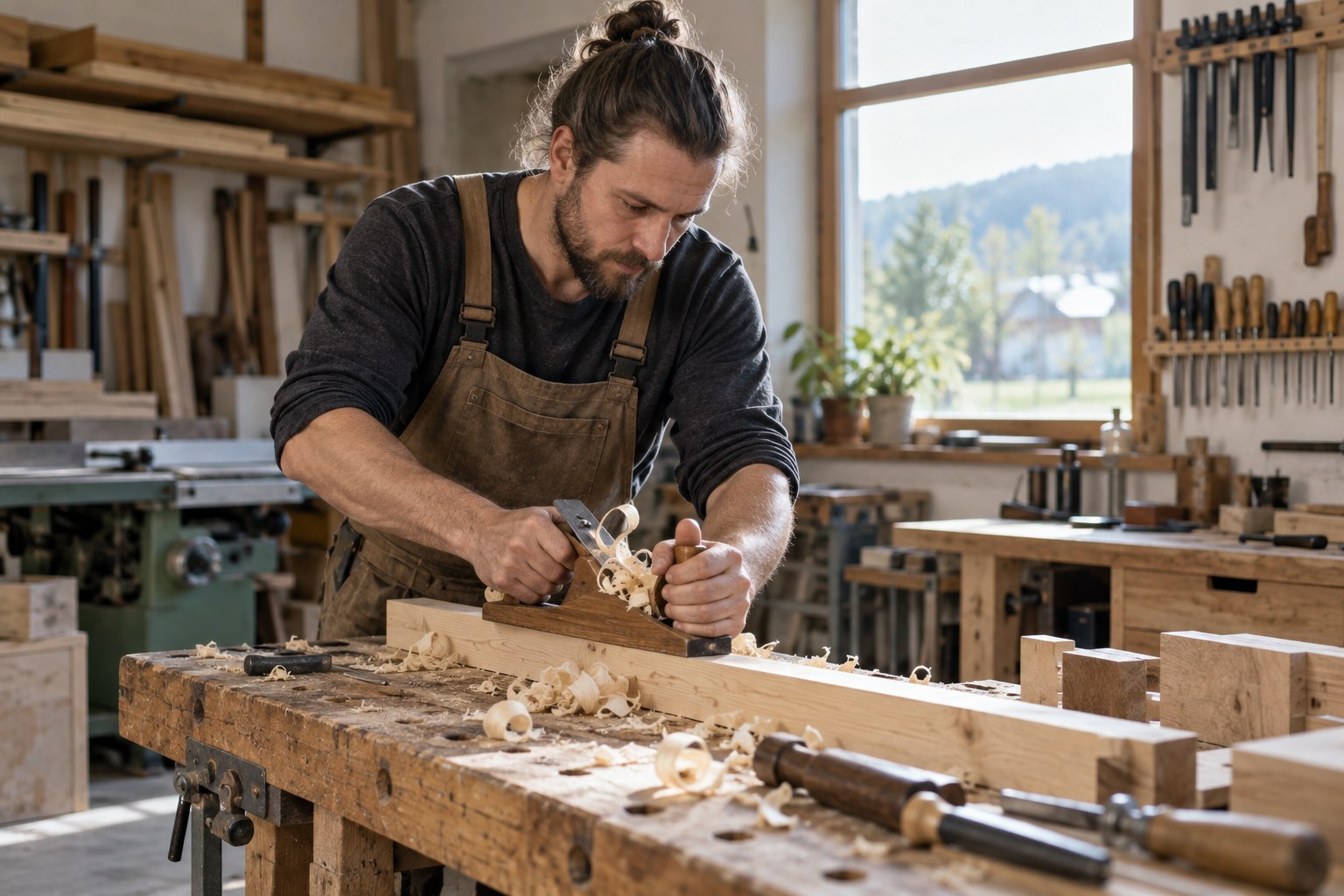 Berufsunfähigkeitsversicherung für Tischler und Schreiner Tischler bearbeitet ein Holzwerkstück mit einem Handhobel