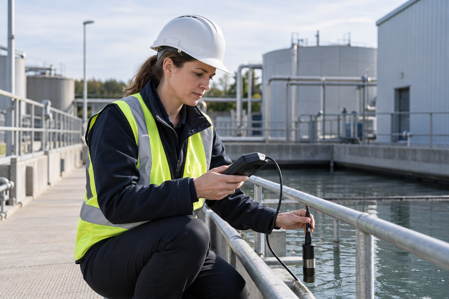 Umweltingenieurin prüft Wasserwerte mit einem Messgerät an einer Aufbereitungsanlage