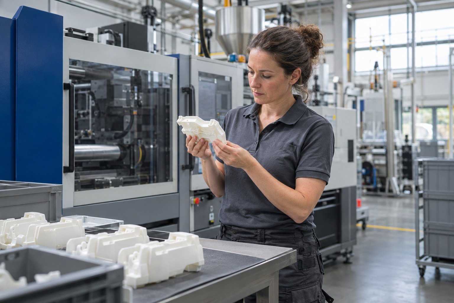 Verfahrensmechanikerin kontrolliert ein Kunststoffbauteil neben einer geschlossenen Spritzgießmaschine