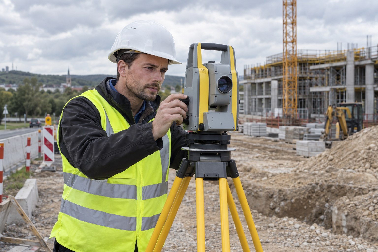 Vermessungsingenieur richtet eine Totalstation auf einem Stativ ein