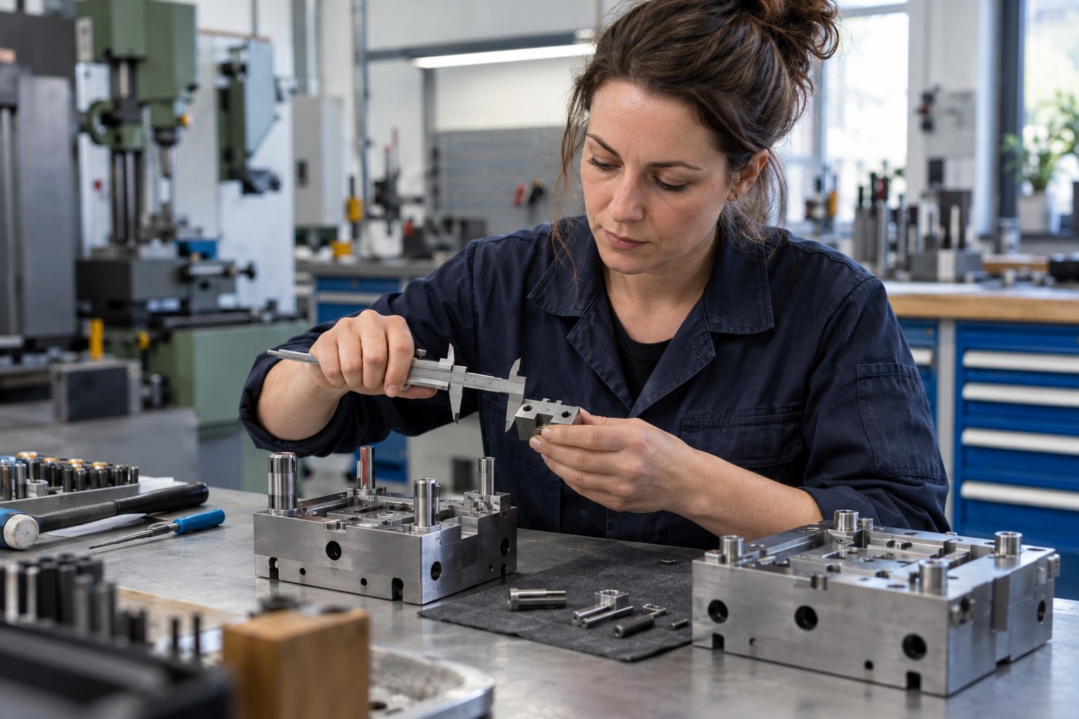 Werkzeugmechanikerin kontrolliert ein Werkzeugbauteil mit einem Messschieber