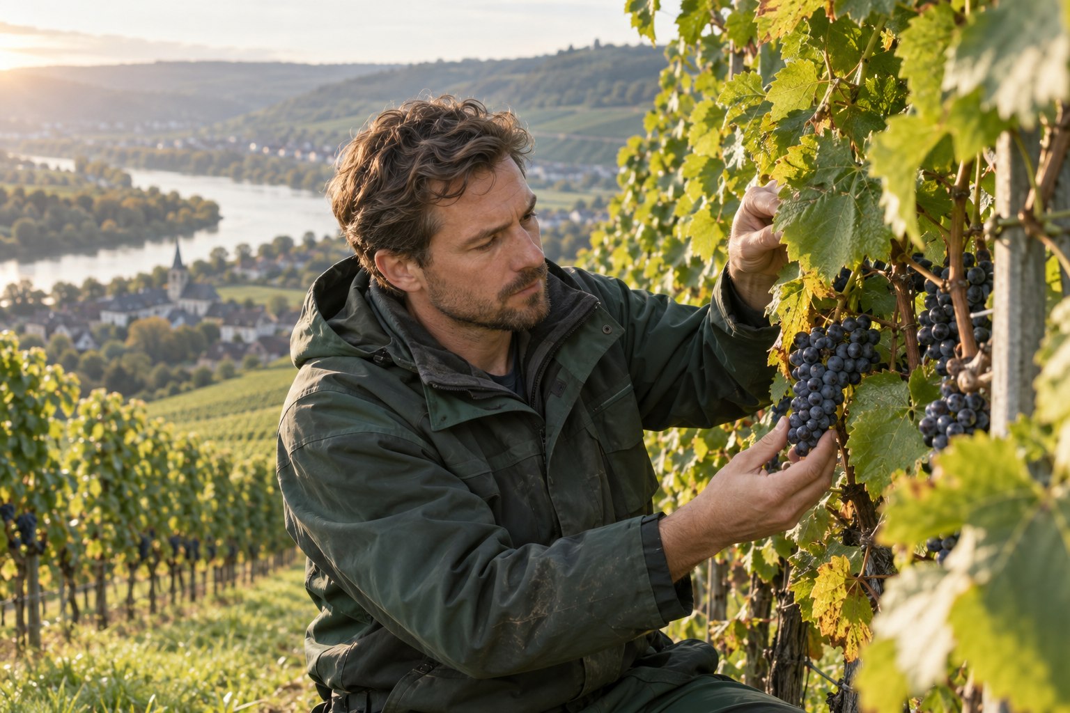 Winzer kontrolliert reife Trauben an einem Rebstock im Weinberg