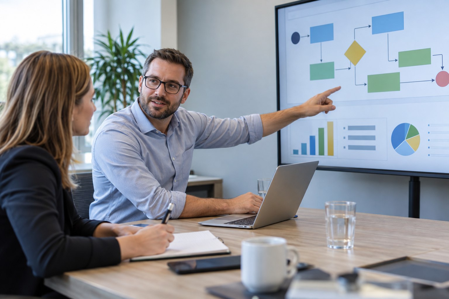 Wirtschaftsinformatiker erläutert einer Kollegin einen digitalen Geschäftsprozess