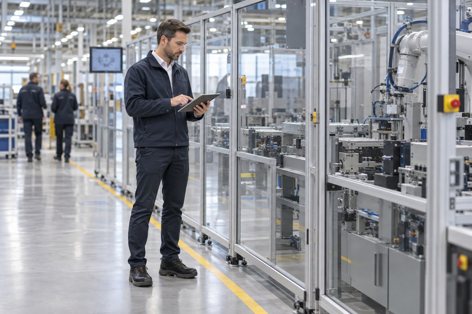 Wirtschaftsingenieur prüft einen Produktionsablauf mit einem Tablet