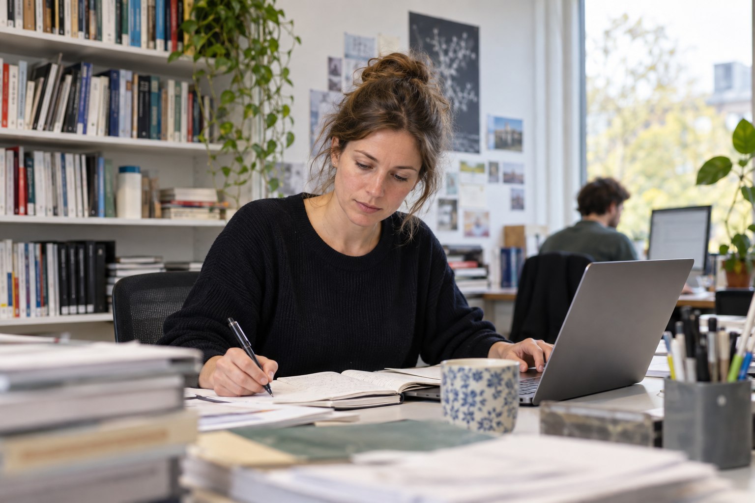Wissenschaftliche Mitarbeiterin wertet Forschungsunterlagen am Schreibtisch aus