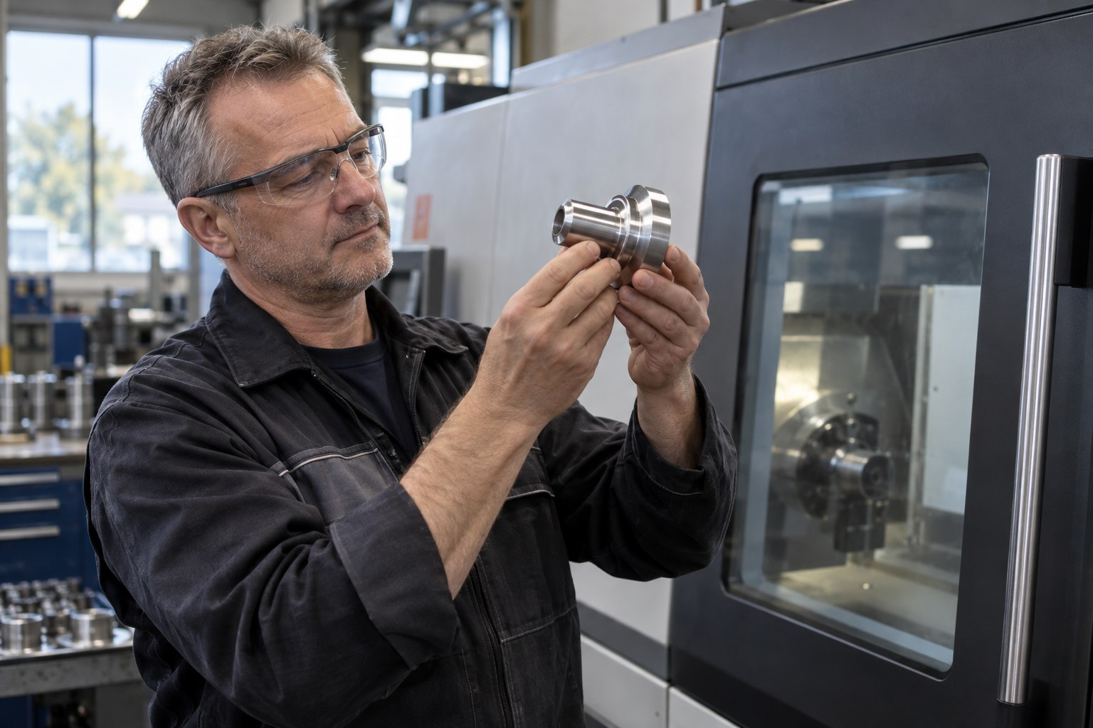 Zerspanungsmechaniker kontrolliert ein fertiges Werkstück neben einer CNC-Drehmaschine
